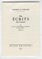 Thierry De Cordier, Mes écrits de Cuisine, titelpagina